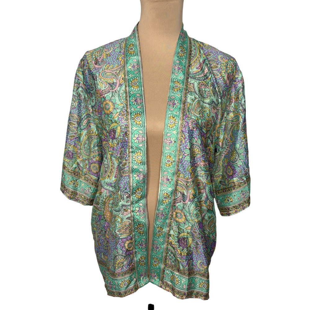 Bigg Bull Kimono Serena Green Paisley Silk Blend Open OS Boho Metallic Gold